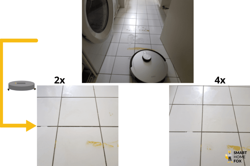 Das Extrem-Wischtest-Ergebnis des ECOVACS DEEBOT X1 OMNI auf einem Fliesenboden ist zu sehen.